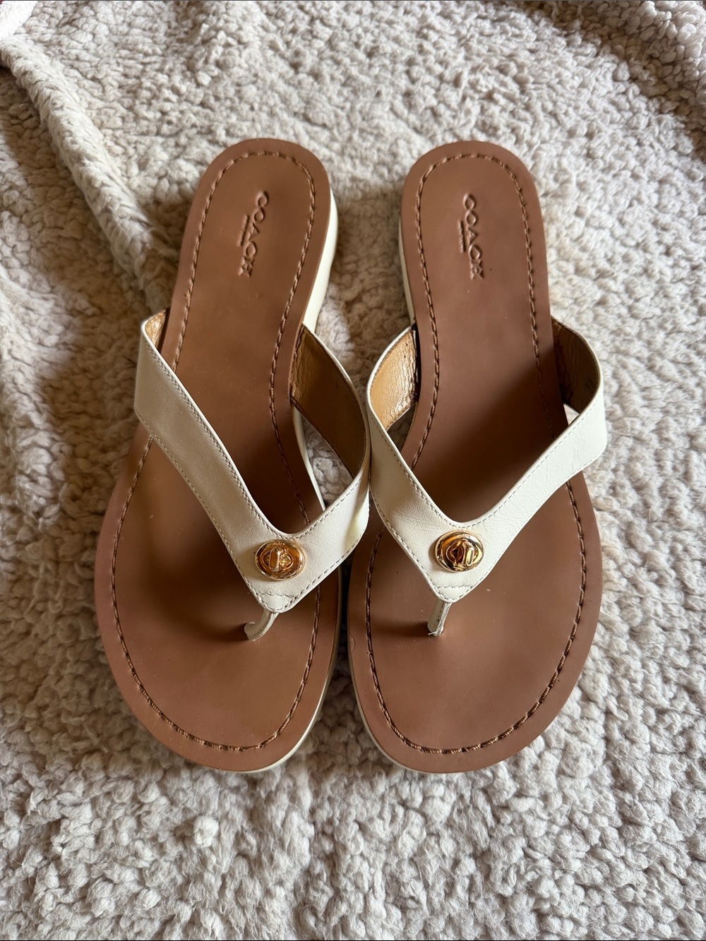 Coach Cream Leather Thong Sandals with Gold Logo Accent